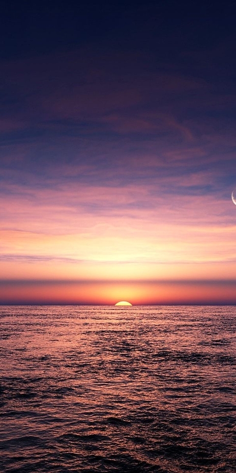 Картинка: Небо, планеты, облака, звезда, закат, вода, горизонт, океан, море