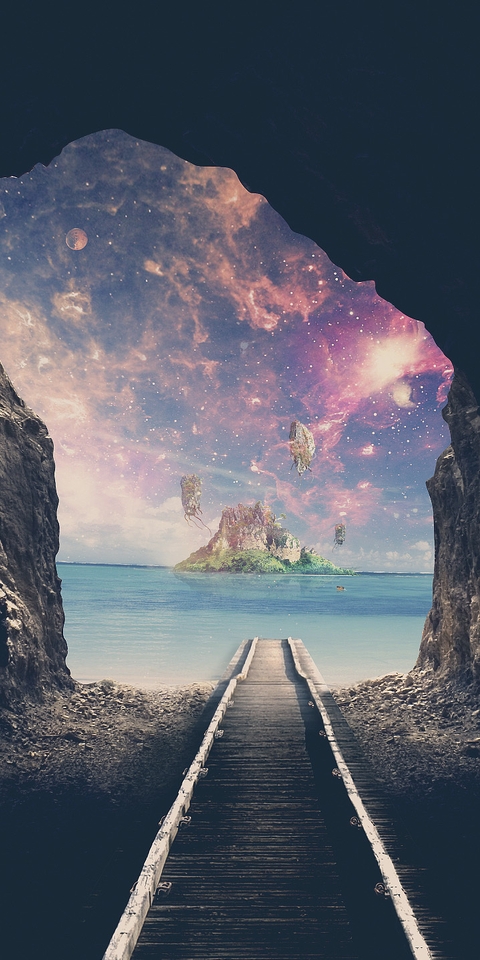 Картинка: Путь, дорога, железная, вода, арка, туннель, небо, звёзды, луна, остров, сияние