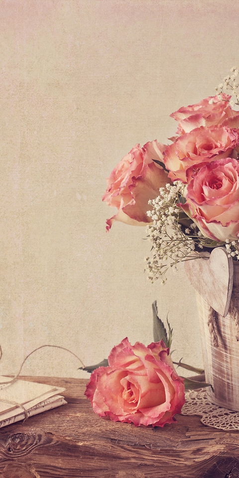 Image: Roses, bouquet, flowers, pink, vase, letter