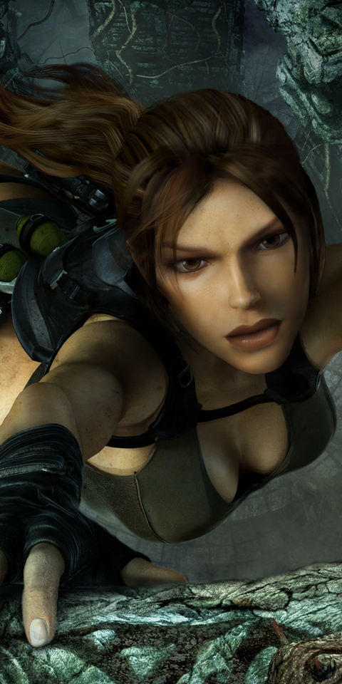 Картинка: Lara Croft, игра, Tomb Raider: Underworld, хватка, уступ, висит, оружие, пропасть