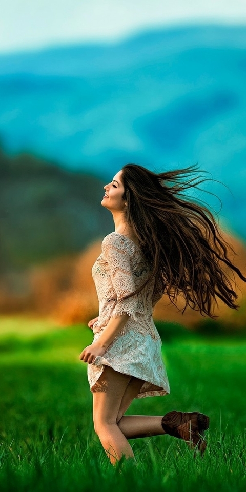 Image: Girl, brunette, running, hair, blurring, field, summer