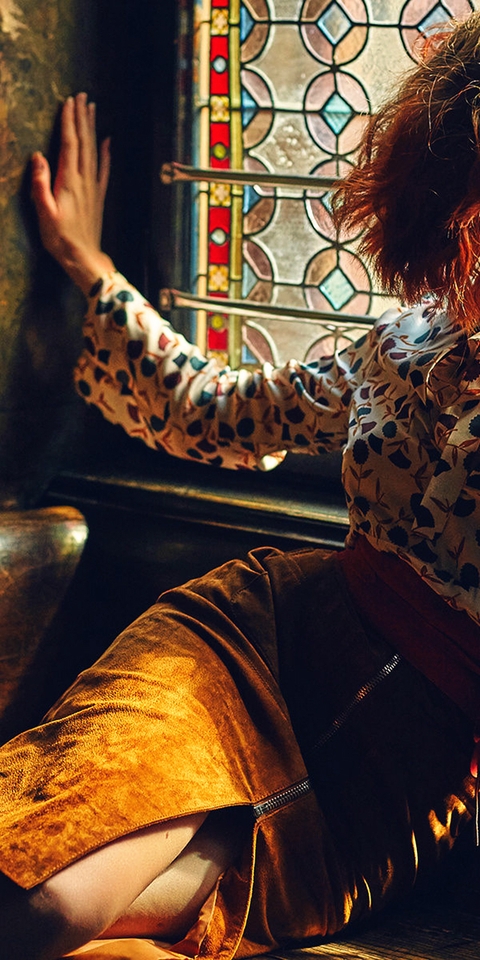 Image: Girl, short hair, blouse, skirt, window, stained-glass, the rays of the sun