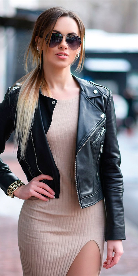 Image: Girl, long hair, leather jacket, black leather jackets, glasses, dress, street