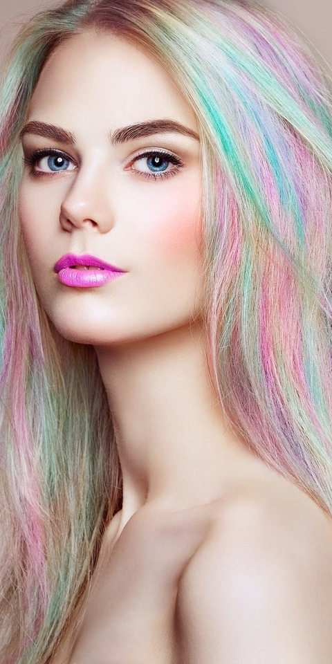 Картинка: Колор, цвет, радужные, волосы, девушка, блондинка, лицо, глаза, макияж
