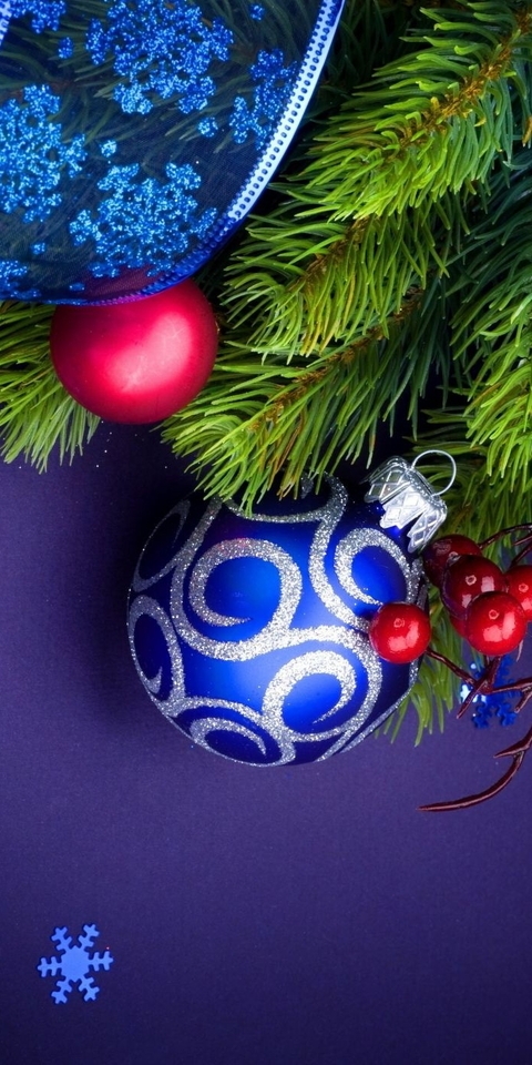 Image: Balls, toys, decorations, ribbon, tree, branches, snowflakes