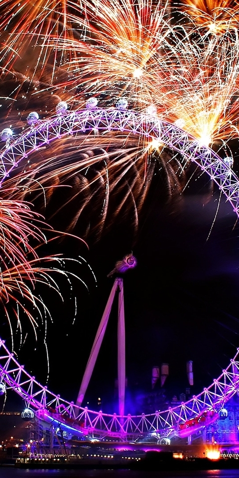 Картинка: Салют, колесо обозрения, город, Лондон, ночь