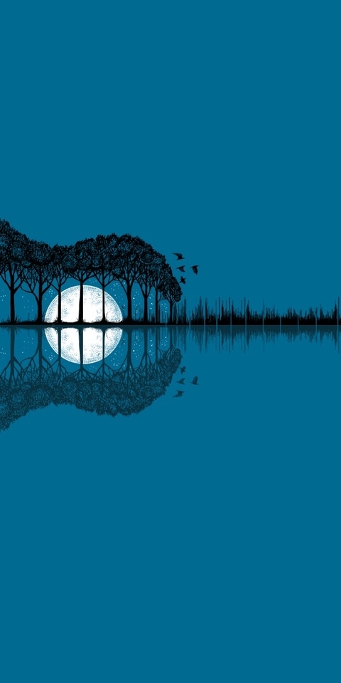 Картинка: Гитара, деревья, луна, отражение, птицы, здания, дома, голубой фон