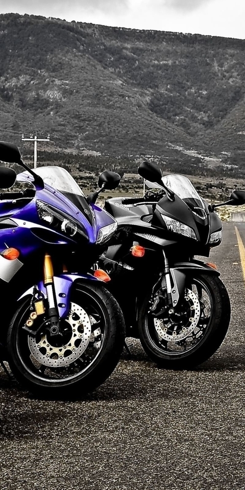 Image: Yamaha R1, motorcycles, wheels, lights, mirrors, highway, road, marking, mountains