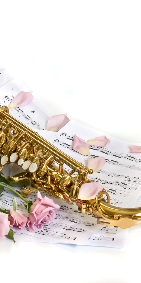 Image: Saxophone, music, notes, roses, white background