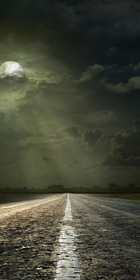 Image: Landscape, road, night, horizon, moonlight, moon, clouds, horizon, night sky