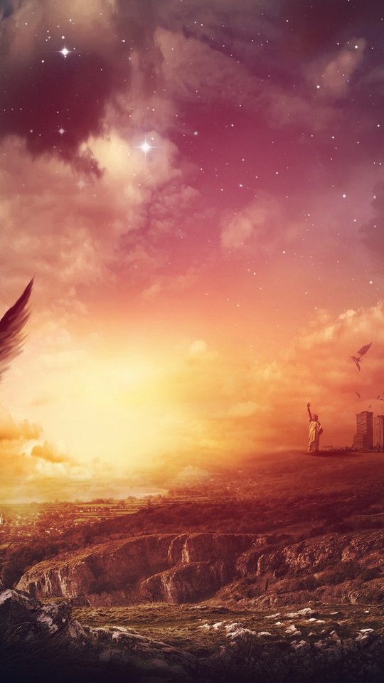 Картинка: Апокалипсис, ангел, крылья, девушка, дым, луна, звёзды, облака, город, разрушение, вспышка