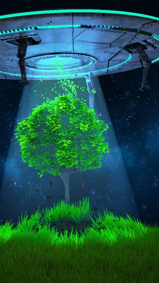 Картинка: НЛО, летающая тарелка, дерево, свет, трава, небо, ночь, звёзды