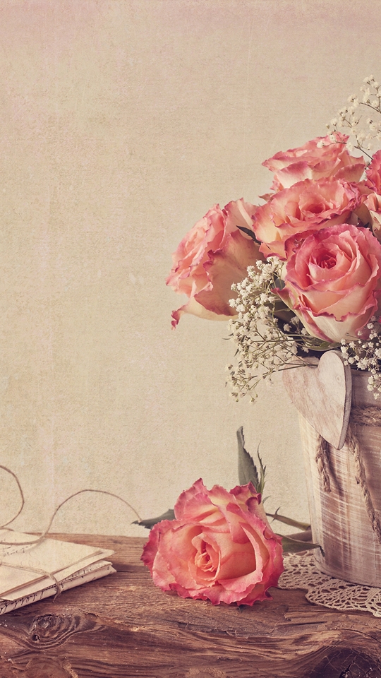 Image: Roses, bouquet, flowers, pink, vase, letter
