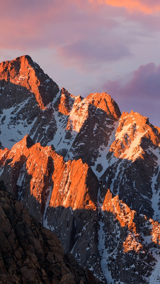 Image: Mountain, mountain range, ridge, snow, light, sky, clouds