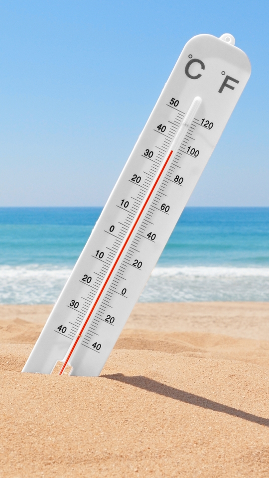 Картинка: Градусник, градус фаренгейта, градус цельсия, небо, море, песок, пляж, жара, лето, день, солнце, тень