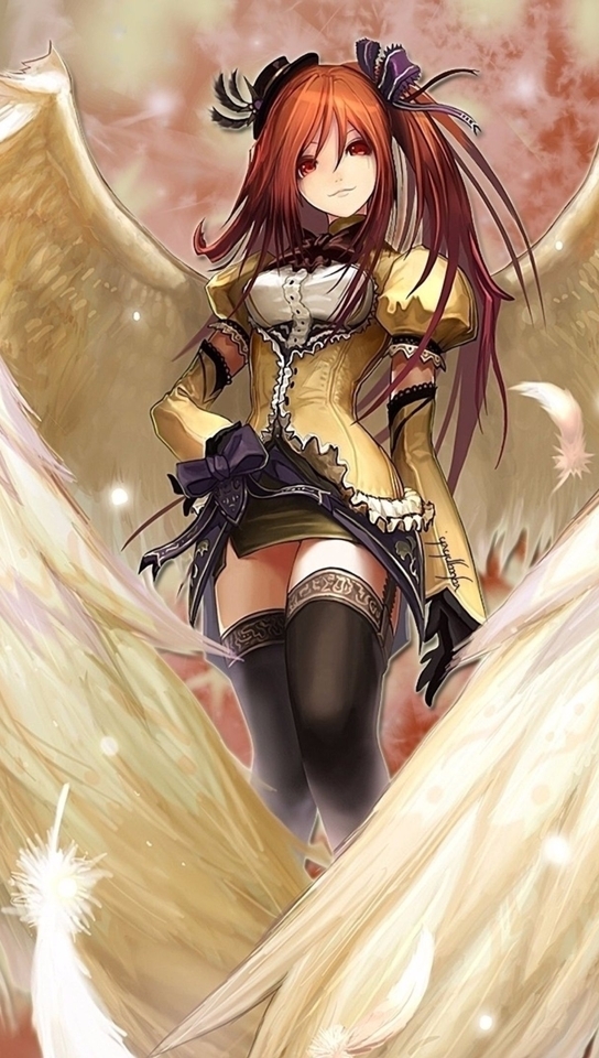 Image: Girl, red hair, wings, feathers, snowflakes, angel