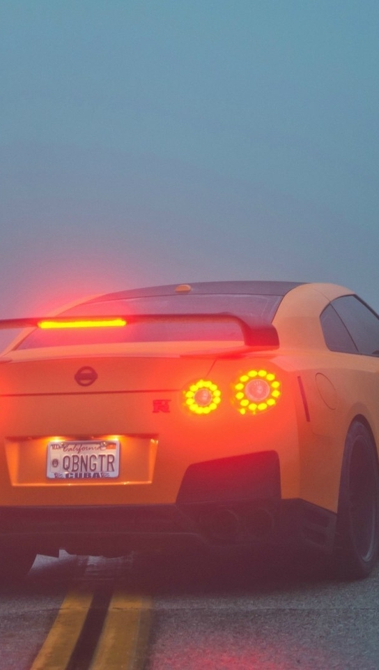 Image: Lights, supercar, brake light, Nissan, GTR, road, fog