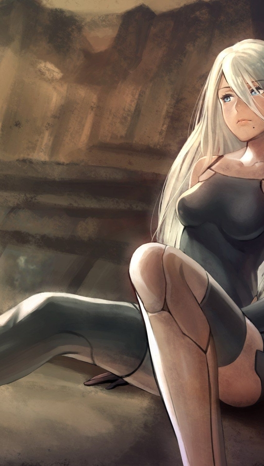 Image: Android, A2, art, game, NieR:Automata, sitting, cave, light, bird, girl