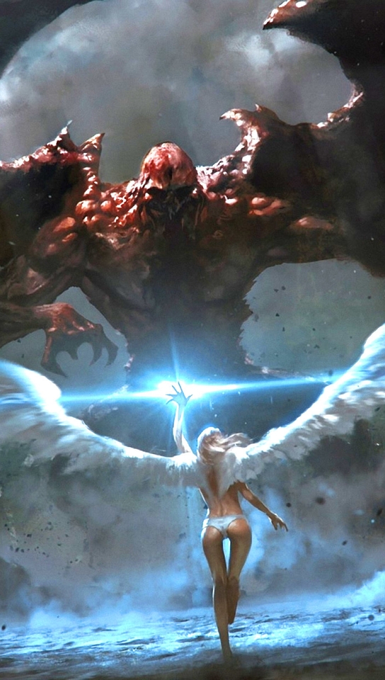 Картинка: Ангел, Демон, крылья, луч, свет, арт, девушка, монстр, дьявол