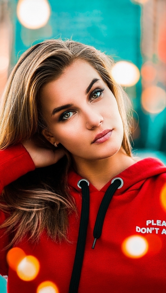 Image: Girl, blonde, model, red, bokeh, reflections