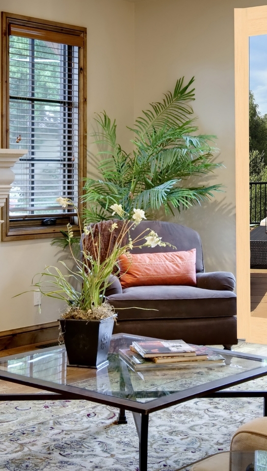 Image: Fireplace, table, sofa, window, blinds, plants, painting, terrace