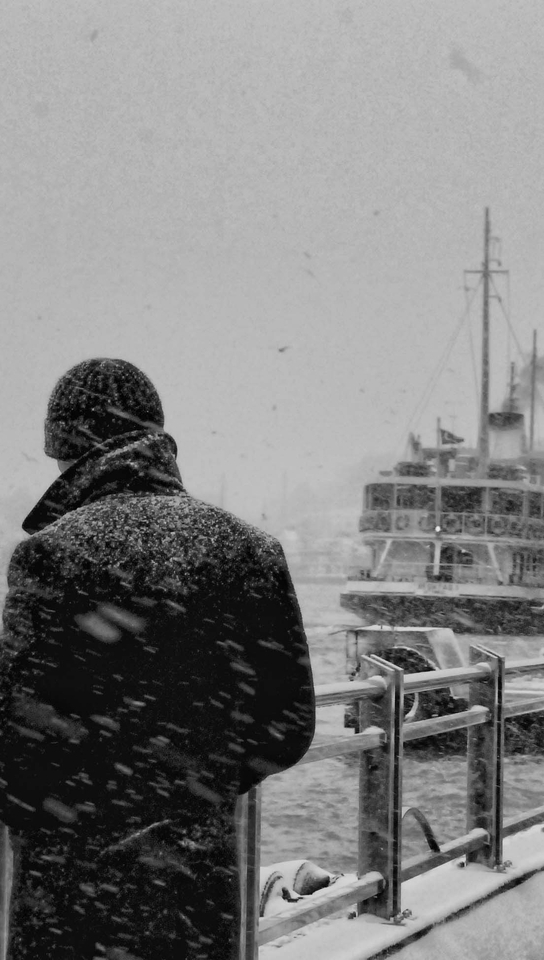 Image: Guy, man, sea, snow, winter, seagull, motor ship, ferry, port, black and white, sadness