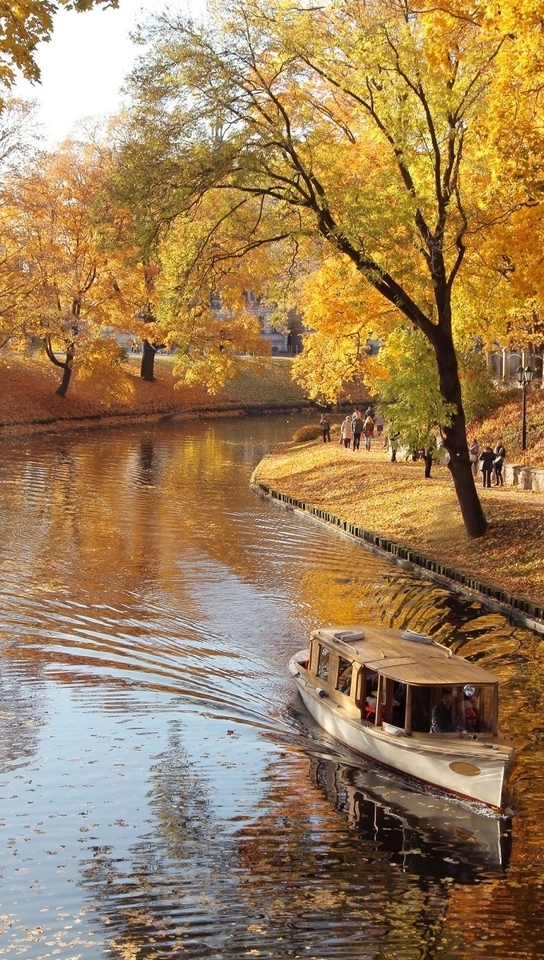 Image: Autumn, river, water, boat, park, leaves, yellow