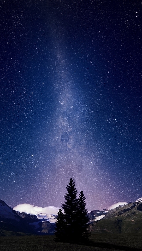 Картинка: горы, деревья, небо, звезды