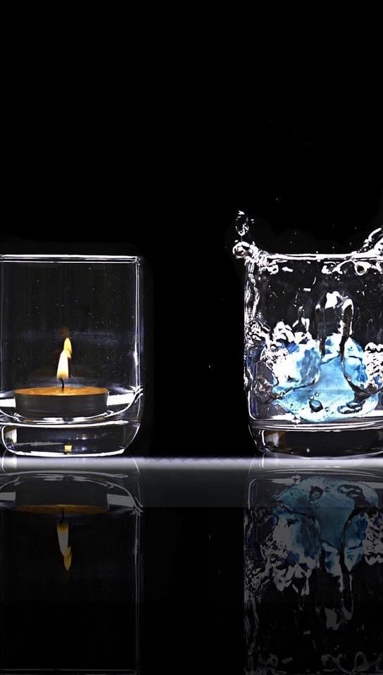Картинка: Земля, огонь, вода, воздух, стихии, стаканы, отражение, ромашка, свеча, дым, чёрный фон