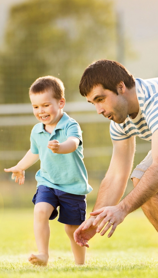 Image: Male, child, father, son, play, ball, football, gate, running, entertainment