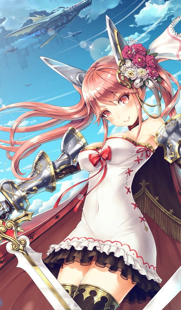Image: Anime, girl, sword, weapon, long hair, flowers, ears