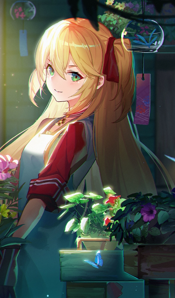 Image: Girl, blonde, face, eyes, anime, flowers