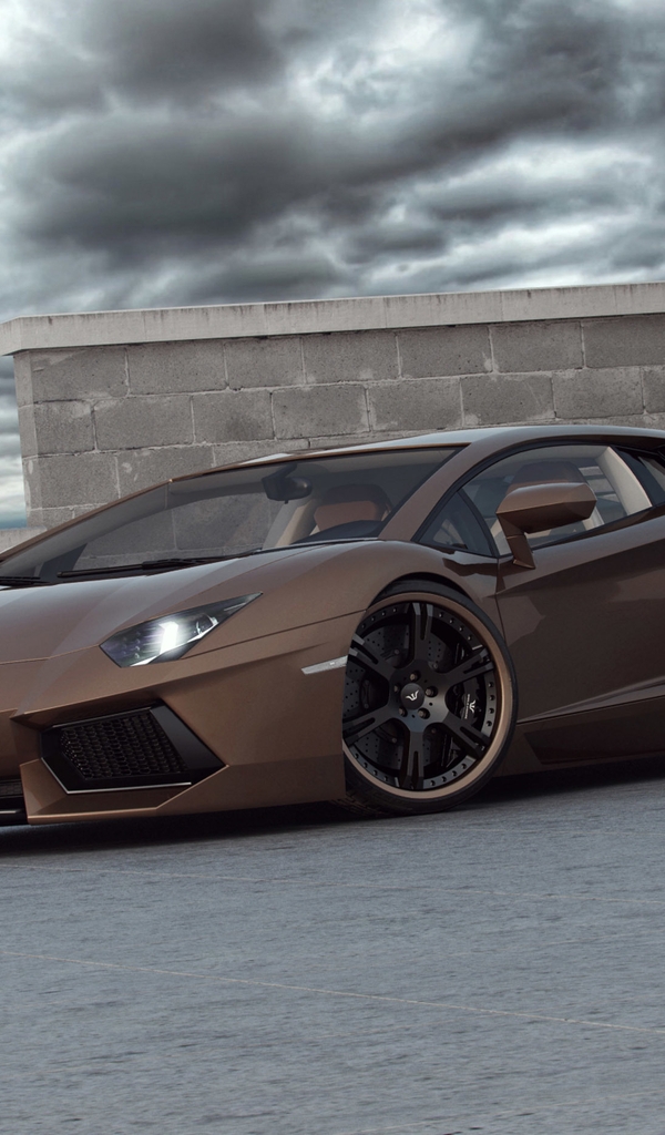 Картинка: Lamborghini, Aventador, коричневый, огни, тучи, стена