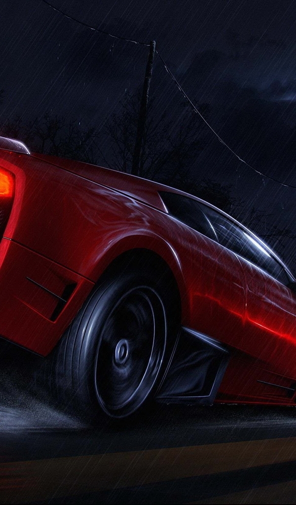 Image: Supercar, red, Lamborghini, road, moon, night, rain, speed, splashes