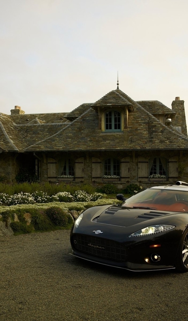 Картинка: Spyker C8, Спайкер, суперкар, чёрный, спортивный автомобиль, дорога, дома
