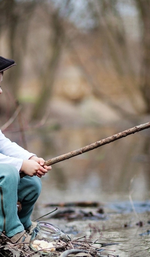 Картинка: Мальчик, рыбалка, удочка, игра, ручей