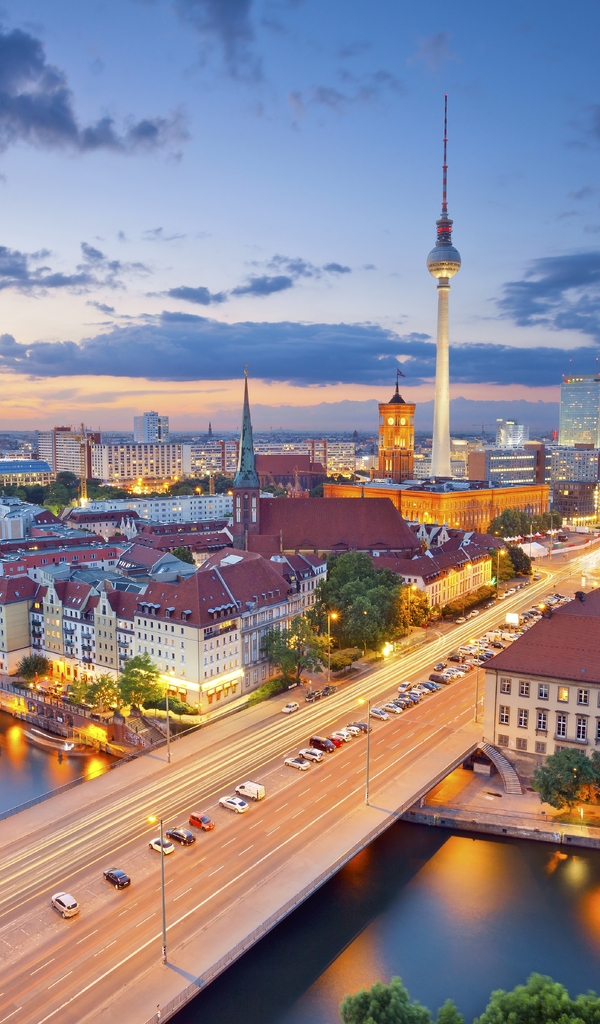 Картинка: Город, Берлин, Германия, вечер, река, вид, огни, дорога