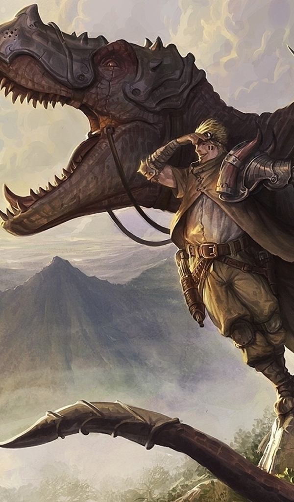 Картинка: Динозавр, пасть, глаз, воитель, доспехи, броня, меч, горы, обрыв