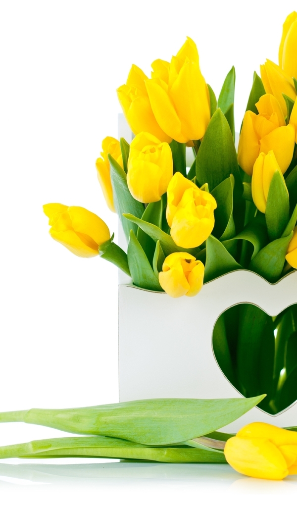 Картинка: Тюльпаны, цветы, букет, жёлтые, ваза, сердце, белый фон