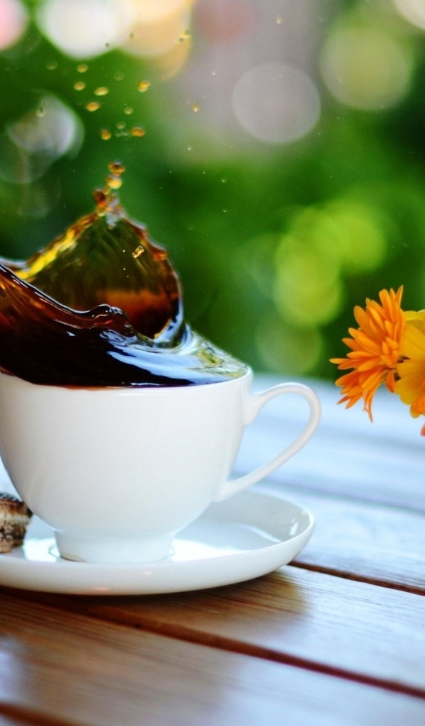 Image: A Cup of coffee, splash, spray, cake, flowers, table