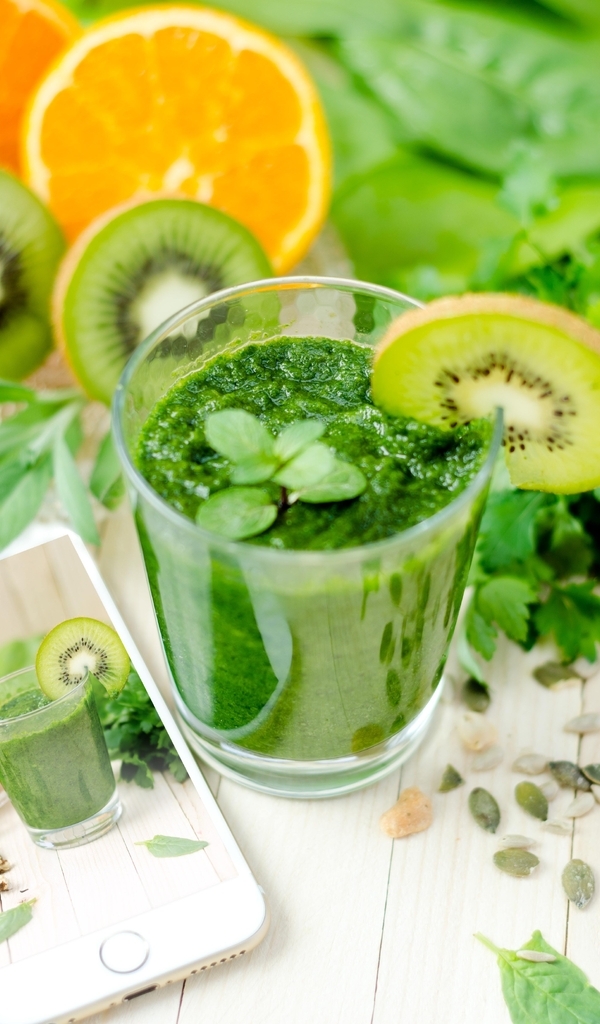 Image: Drink, greens, fruits, kiwi, orange, leaves, phone, snapshot