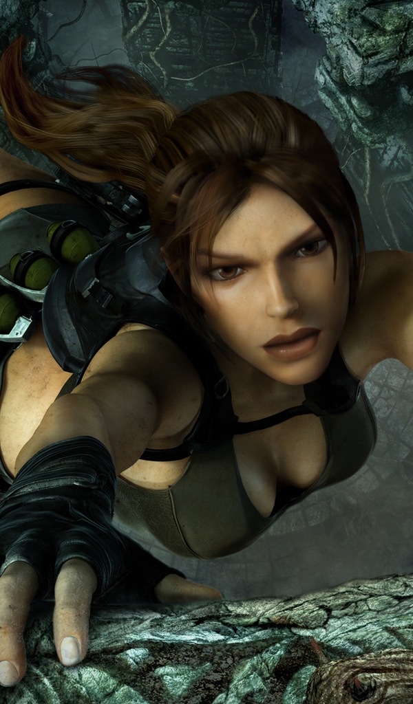 Картинка: Lara Croft, игра, Tomb Raider: Underworld, хватка, уступ, висит, оружие, пропасть