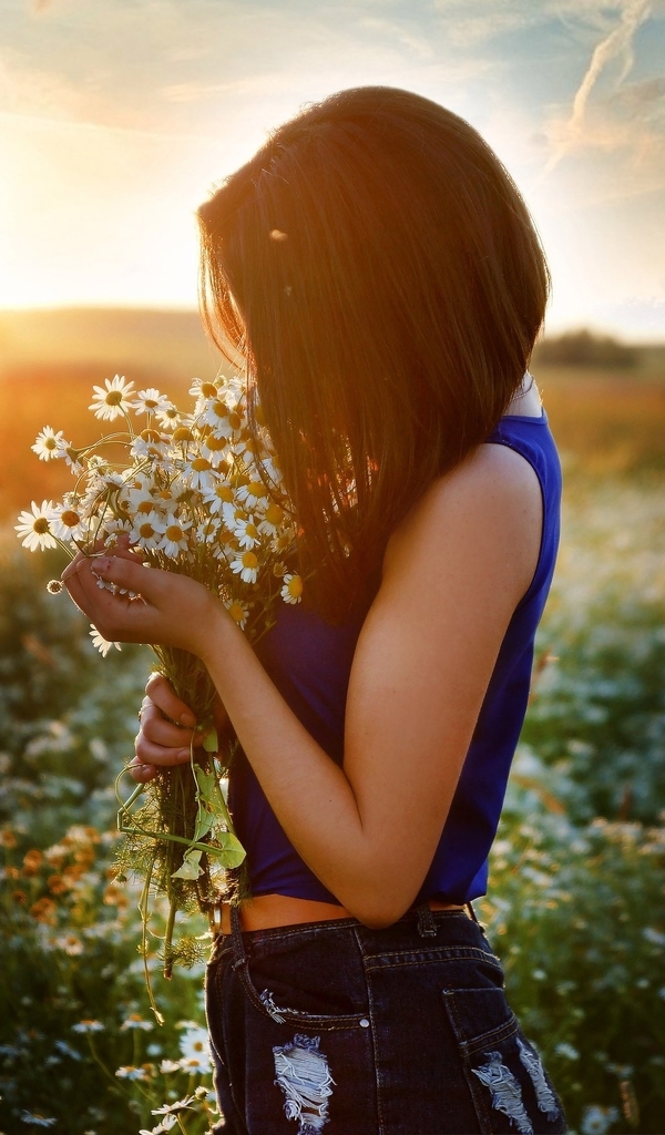 Картинка: Девушка, ромашки, цветы, поле, закат