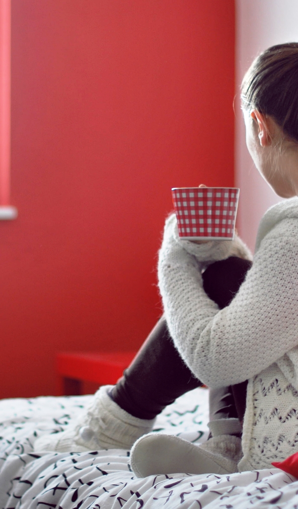 Image: Girl, shirt, sitting, mug, back, sofa, pillows, red