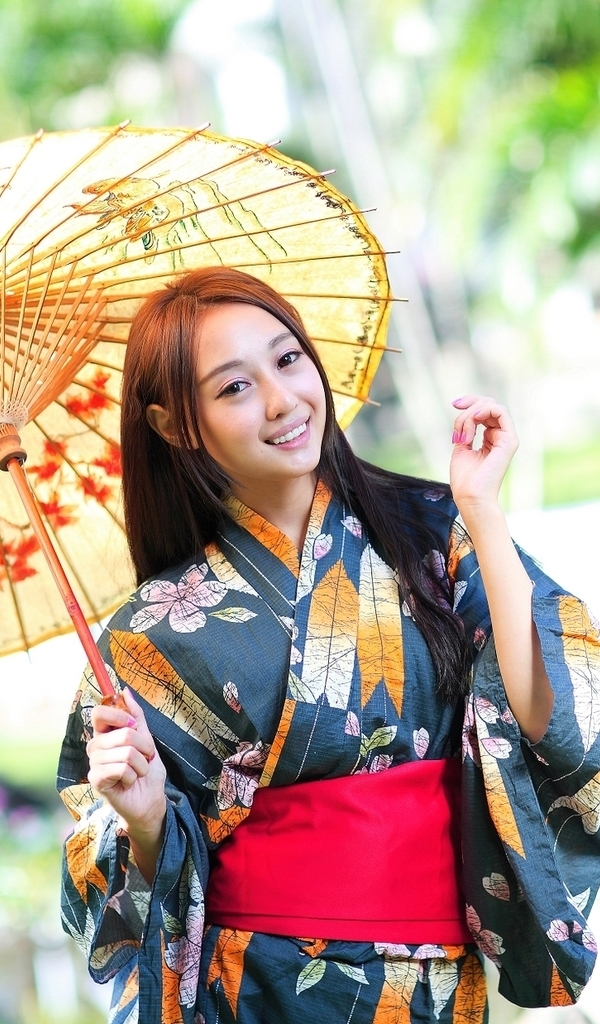 Картинка: Девушка, азиатка, кимоно, зонтик, улыбка