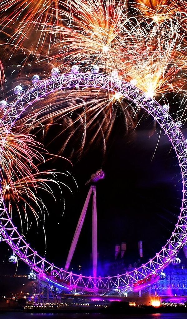 Картинка: Салют, колесо обозрения, город, Лондон, ночь