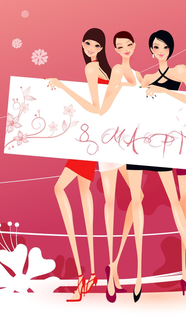 Картинка: Девушки, 8 марта, плакат, открытка, цветы