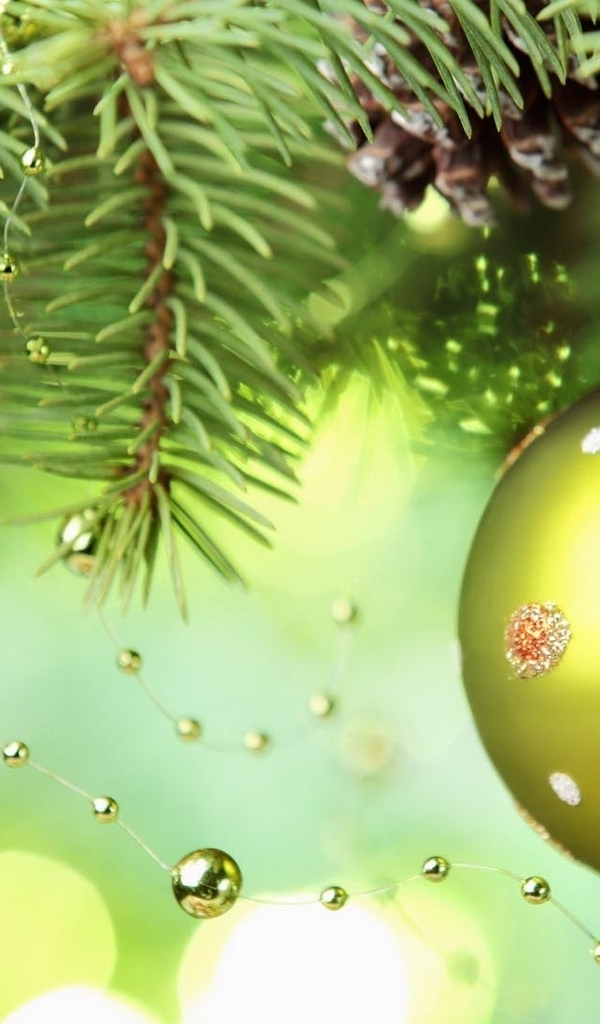 Image: Branch, spruce, needles, cones, spheres, beads, toy, decoration, New year