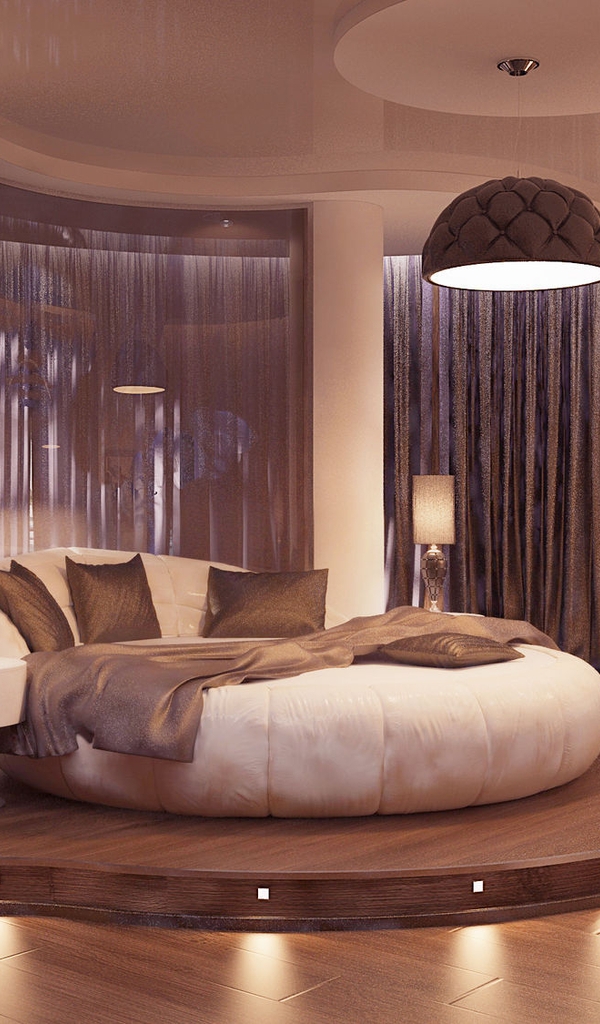Картинка: Спальня, кровать, круглая, подушки, светильник, торшер, шторы, колонны