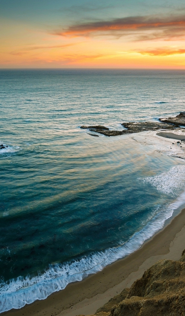 Картинка: Море, вода, волны, небо, горизонт, закат, пляж, берег, скалы, склон